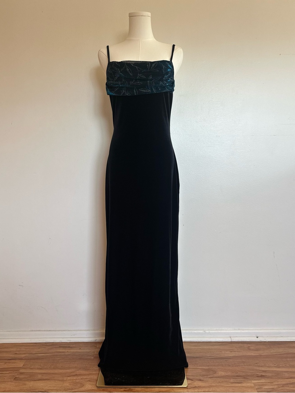 VTG 90s Black Velvet Maxi Dress Teal Blue Cowl Neck Whimsigoth Prom Gown Sz 7/8
